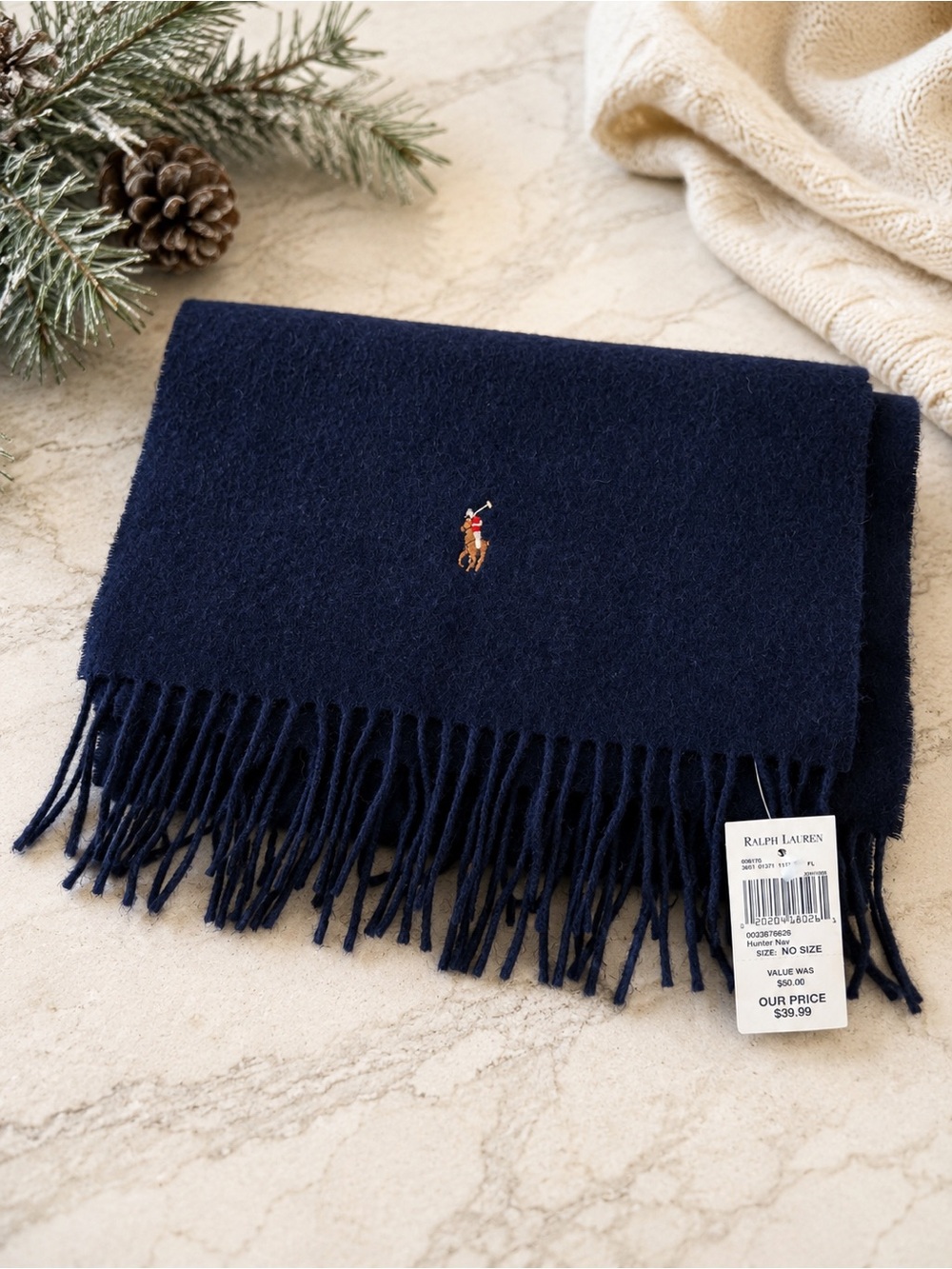 Polo Ralph Lauren 100% Lambswool Scarf Navy Made in Scotland Fringe NWT